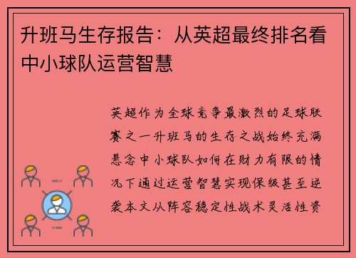 升班马生存报告：从英超最终排名看中小球队运营智慧